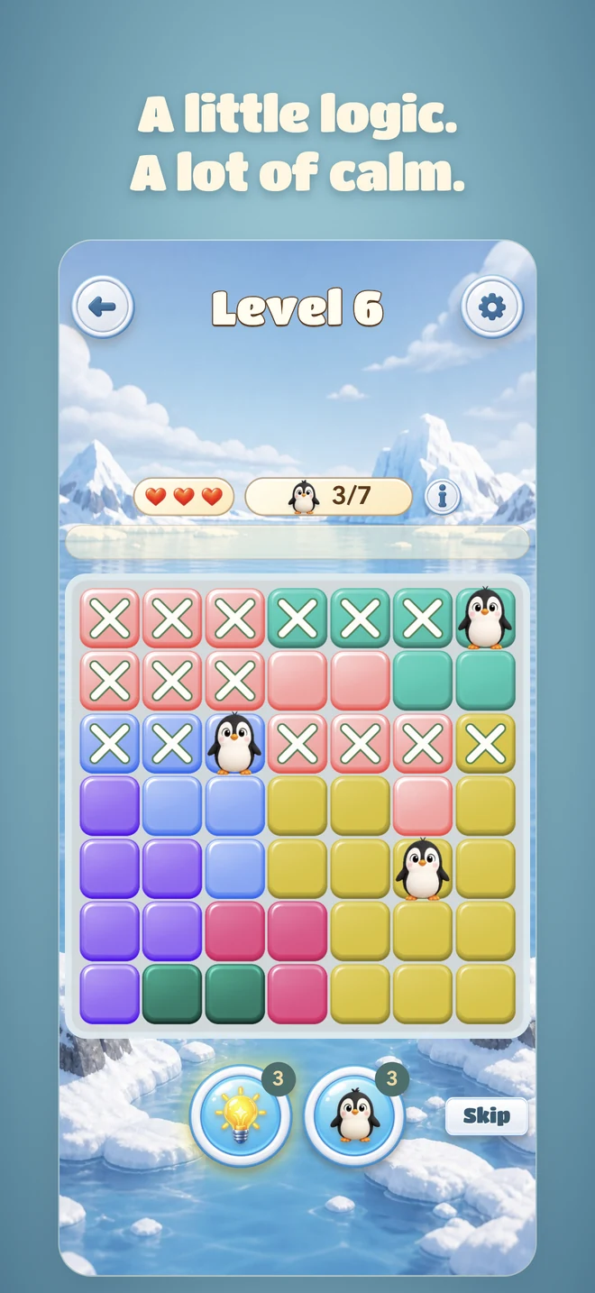 Find Them logic board with penguins and colored regions