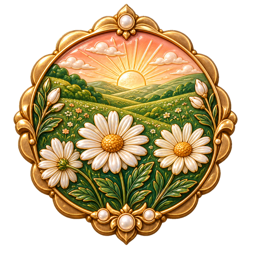 A gold medal decorated with daisies and a sunrise