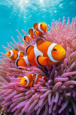 Clownfish among colorful coral and sea anemones